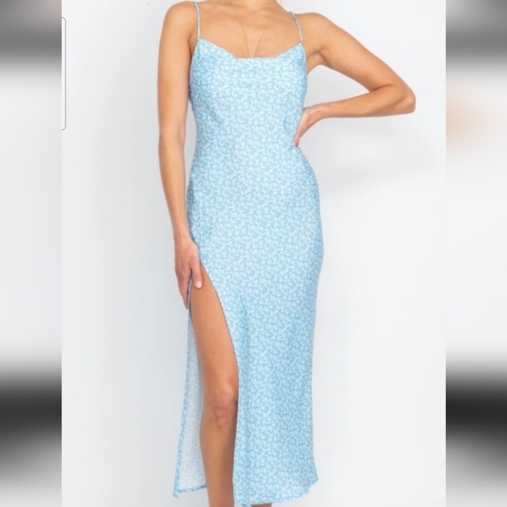 RESA Madison Floral Slip Dress – NWT – Blue Floral Midi Dress with Side Slit–SM